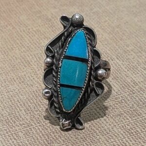 Vintage Navajo Sterling Silver Turquoise Inlay Marquise‎ Statement Ring Size 6.5